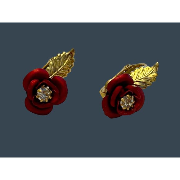 Vintage Lady Victoria Gold-Tone Red Rose Necklace & Earring Set With Rhinestone - Picture 10 of 10